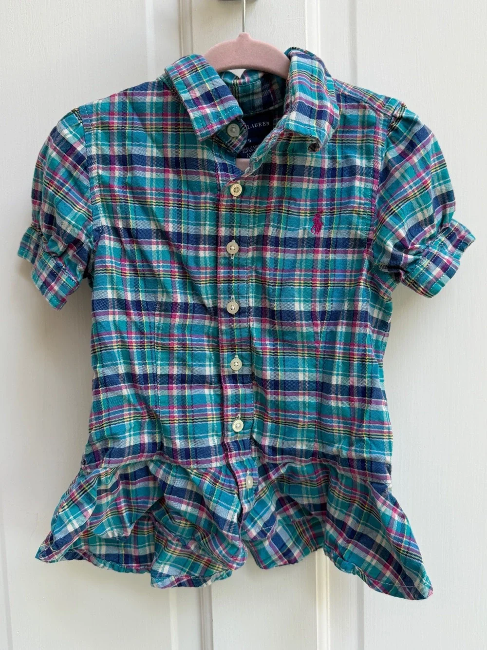 Ralph Lauren Girl 5 Blue Pink Plaid Ruffle Button Down Formal Short Sleeve Shirt